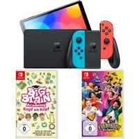 Switch Konsole (OLED-Modell) inkl. Big Brain Academy - Kopf an Kopf + Everybody 1-2 Switch! neon rot